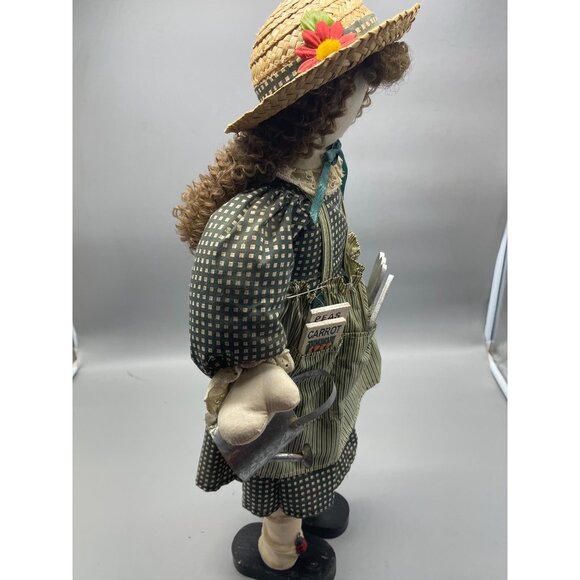 vintage doll country plaid stray hat flowers apron green striped stand 22" READ - Picture 8 of 9